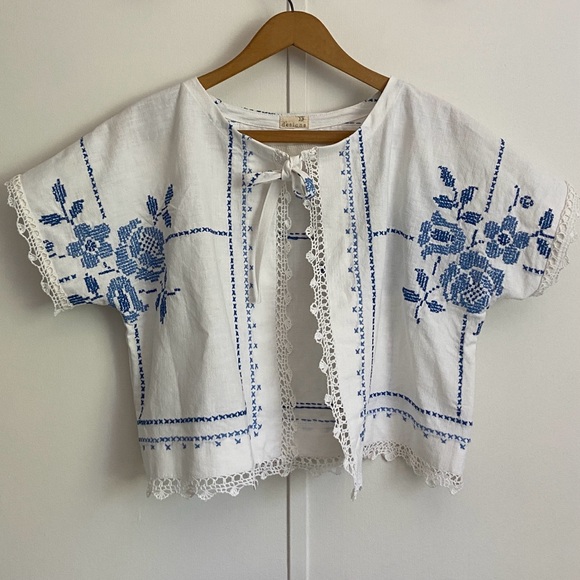 JSDesigns Tops - Upcycled White Blouse with Handmade Blue Embroidery